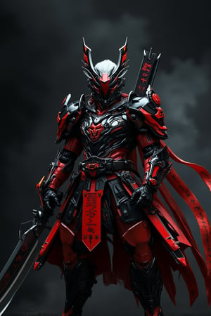 cinematic feeling mood : A full-body shot of the god manga character in an epic pose, holding a massive weapon with Chinese red color details and symbols on it, against a black smoke background, with white hair wearing samurai armor with Japanese-style inscriptions and patterns, wear cyborg helmet, red color,  in a cyberpunk art design, with detailed futuristic tech elements, in a dark fantasy art style, in high resolution, in a hyper-realistic anime art style, with bold lines and contrasting colors, in high-contrast lighting, in full HD quality,mecha