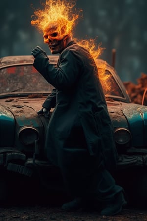 cinematic scene : a man with flaming skull head, wear black long jacket, sit manly with hand want to fight pose,  at some abandoned junk car, ready pose fight,  bold and 3D embossed font, at his back,  low key style, analogue colors concept, skull