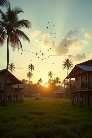 A peaceful, quiet Malay village at sunrise, captured in a wide, close-up shot. The soft golden light highlights the wooden stilt houses and the lush green fields. Tall coconut trees gently sway in the breeze. The clear sky with a few scattered clouds frames a flock of swallows soaring gracefully overhead, enhancing the calm, serene atmosphere. The mood is warm, tranquil, and intimate, with intricate details of the village life subtly visible.,analoguehanx83