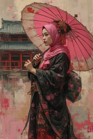 grungeartxhan83, a beauty girl geisha wear pink hijab and black dress,  temple background, hold an umbrella, oil painting style