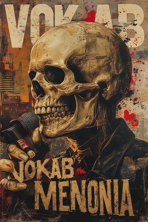 oil painting style, a punkers skull hold a microphone, close up, broken city as  back ground, the text on his back layered style " VOKAB MENDONIA", bold and strong font, gold rusty colors,Magazine Photo Cover, grungeartxhan83