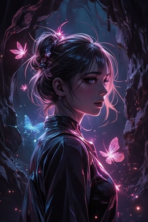 art style, a Japanese girl with a neon butterflies, in a dark caves, glowing, anime mix  oil painting dark strokes art, grunge strokes, unique 

LumiAnimePortrait,grungeartxhan83,aura,hologram