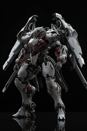 a japense mecha, grey color, main dark red, polycarbonate style, back got exobon with big wing, fully with gears and engine, futuristic, high impact, ultra realistic, black background, ultra details, intricate, japanese mecha style, exmechapolyhan83, hanxdeadcyborg83