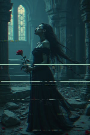 A dimly lit, ancient temple's stone walls loom large as the camera captures a haunting side-view. VHS-style distortions wrack the frame, with glitchy tears and static-ridden lines blurring the vision. Amidst this eerie atmosphere, a stunning beauty vampires with sharpen teeth, stands, her red lips glistening like an open wound. She wears a black dress that seems to absorb the faint light, as she clutches a bleeding rose. The temple's darkness appears to seep into the scene, its crumbling stones and twisted pillars reaching out like skeletal fingers."A modern poster design with a VHS glitch effect. It has thin white horizontal lines running across the image, giving it a damaged, high-tech, and digital look. The image is slightly blurry with distortion, a smooth grainy texture, and glitch artifacts. Colors remain sharp, but with some distortion and pixelated noise in certain areas, creating a futuristic digital disruption feel. The background is sleek and minimalistic, avoiding a retro vibe, with a clean and modern aesthetic while still emphasizing the glitchy effect."



,cinematicxhan,glicthyxhan