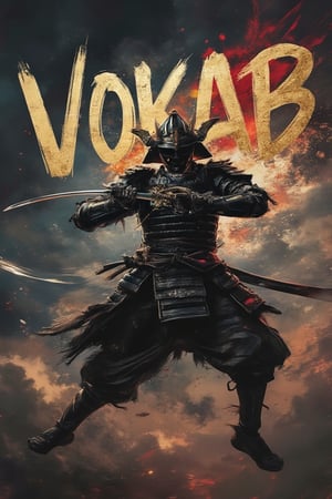 A dynamic, high-energy shot of a samurai leaping into the sky in full black armor, his katana gleaming as it slices through the air. The scene is in a photography style, with dramatic lighting highlighting the metal details of his armor. The background fades into dark clouds, with streaks of red and gold light breaking through, giving the scene a powerful, cinematic mood. Above his head, the bold, layered title 'VOKAB MAGAZINE' floats, enhancing the action and focus of the image.,Magazine Photo Cover,grungeartxhan83