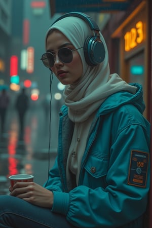 a beauty malay girl, light make up, wear headphone, wear white hijab, cyan jacket , sit at broken cahir in rainy day, at loneliness city, wear cyberpunk black sun glasses, cyberhan83nalogue