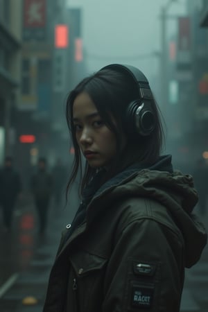 a girl with jacket, ultra realistic, wear headphone, at  the temple hill,  analgue mood, cinematic mood cyberhan83nalogue