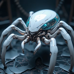 A highly detailed ultra-realistic mechanical spider with a sleek white body and transparent glass casing, showcasing its intricate inner workings. The design is complex, blending a futuristic aesthetic with a cinematic atmosphere. Photographed in a moody, low-light environment, metallic reflections highlight the spider's body, with soft shadows creating depth. The color palette features cool tones, contrasting the bright white shell with subtle hues of blue and silver, enhancing the mechanical marvel's mesmerizing presence.