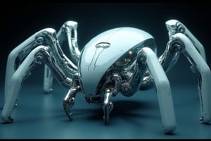 A highly detailed ultra-realistic mechanical spider with a sleek white body and transparent glass casing, showcasing its intricate inner workings. The design is complex, blending a futuristic aesthetic with a cinematic atmosphere. Photographed in a moody, low-light environment, metallic reflections highlight the spider's body, with soft shadows creating depth. The color palette features cool tones, contrasting the bright white shell with subtle hues of blue and silver, enhancing the mechanical marvel's mesmerizing presence.