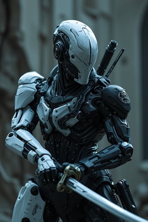 cinematic scene, ultra realistic cyborg, with  hi tech mask, the futuristic design, high details, white titanium, hold a katana, fight scene, dynic pose, at dark broken cyber temple,hanxdeadcyborg83