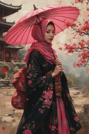 grungeartxhan83, a beauty girl geisha wear pink hijab and black dress,  temple background, hold an umbrella, oil painting style