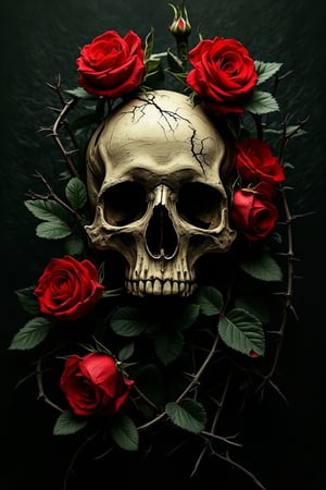 This image presents a stark, eerie composition with a weathered skull entangled in thorny vines and dark green leaves. Red roses punctuate the scene, adding a sharp contrast to the grimness of the skull. The art blends gothic and dark romantic elements, with a melancholic, almost foreboding atmosphere. The sharpness of the thorns, the skeletal form, and the vibrant roses create a juxtaposition of life and death, setting a mood of decay wrapped in beauty. The dark palette enhances the overall macabre yet captivating visual tone.,mparthan83