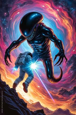 marker pen art, An astronaut, clad in a white spacesuit, floats amidst the swirling colors of a vibrant nebula. Before him, a shadowy, amorphous alien entity emerges, its form shifting and pulsing like living black liquid. Tendrils lash out, glistening with an otherworldly sheen. The astronaut brandishes a plasma cutter, its blade glowing blue against the cosmic backdrop. A tense standoff ensues, the silence of space amplifying the high stakes of their encounter in this surreal, ethereal battleground.,mparthan83,