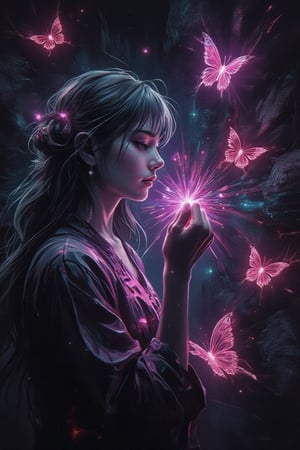 art style, a Japanese girl with a neon butterflies, in a dark caves, glowing, anime mix  oil painting dark strokes art, grunge strokes, unique 

LumiAnimePortrait,grungeartxhan83,aura,hologram