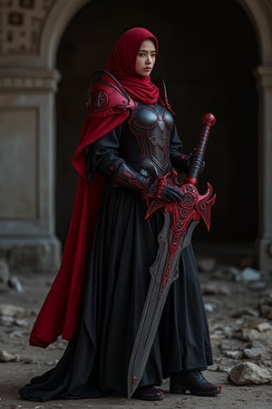 cinematic scene : a beauty girl with red hijab, wear black mecha armor dress, like an emperor armor, big shoulder, the hijab blowing with wind effect,   hold a big sword, The sword features a dark metallic blade with sharp edges and red mechanical accents. Its ornate red hilt is decorated with intricate swirling patterns and geometric designs, giving it a mystical appearance., A large pointed extension on the hilt adds to its aggressive look, while the ridged handle ensures a firm grip, curvy on holder part, ultra details ulyra realistic, in the broken dark building, low key,HANSWORD23, hanemperor23