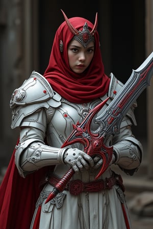 a beauty girl with red hijab, wear white armor dress, like an emperor armor, big shoulder, the hijab blowing with wind effect,   hold a big sword, The sword features a dark metallic blade with sharp edges and red mechanical accents. Its ornate red hilt is decorated with intricate swirling patterns and geometric designs, giving it a mystical appearance., A large pointed extension on the hilt adds to its aggressive look, while the ridged handle ensures a firm grip, curvy on holder part, ultra details ulyra realistic, in the broken dark building, low key,HANSWORD23,cyborg 