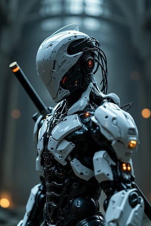 cinematic scene, ultra realistic cyborg, with  hi tech mask, the futuristic design, high details, white titanium, hold a katana, fight scene, dynic pose, at dark broken cyber temple,hanxdeadcyborg83