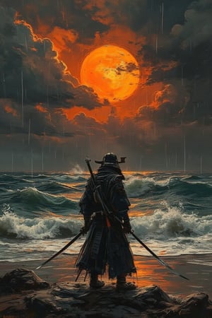 mixing art, oil painting with marker art style, A lone samurai standing near the edge of a stormy sea, with waves crashing violently against the shore. Heavy rain pours from a dark sky, but now there is a warm orange glow peeking through the storm clouds as the sun begins to break through. The orange light casts dramatic highlights on the samurai and the ocean, creating a striking contrast with the surrounding darkness. The samurai, seen from behind in traditional armor with a katana, stands firm as the wind blows his clothes. The scene has a cinematic feel with an intense blend of shadows and glowing warmth from the sunlight.,cinematicxhan,grungeartxhan83,mparthan83