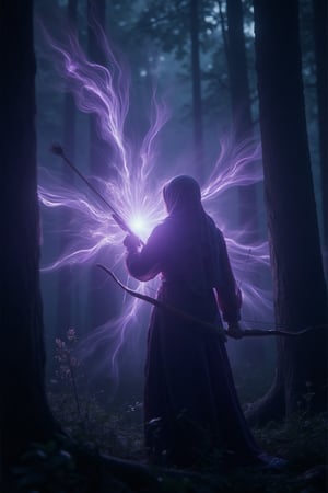 A close-up, third nperson shooter view, back view of a malay woman acher wear a hijab and vaju kurung, holding a bow, having just released a magic arrow. The arrow is surrounded by a glowing, purple aura that sparkles and shines, illuminating the dark night in a mystical forest. wind effects, dark  vignette surrounded, The scene is cinematic and dramatic, with intense shadows and a blowing aura effect on the foggy, that enhances the magic of the moment. the light merging with foggy around her, look smooth and become a big light, The atmosphere is dark and mysterious, capturing a sense of magic and power in the quiet of the night.,


hologram,cyberhan83nalogue,glicthyxhan