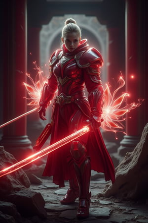 A girl  wear red hi tech cyborg armor,  strikes a powerful  pose with katana  inside a broken temple. dynamic pose,  a glowing red flower aura around her katana, waving lightly on katana, gently waving with energy. The cinematic mood focuses on dramatic lighting, emphasizing the glowing aura against the temple’s dark, ruined backdrop. Lens flares and soft shadows enhance the ethereal atmosphere, with the red and white tones contrasting beautifully against the weathered stone surroundings.