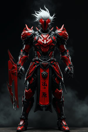 cinematic feeling mood : A full-body shot of the god manga character in an epic pose, holding a massive weapon with Chinese red color details and symbols on it, against a black smoke background, bottom reflection effect, with white hair wearing samurai armor with Japanese-style inscriptions and patterns, wear cyborg helmet, big shoulder, red color, ultra realistic , in a cyberpunk art design, with detailed futuristic tech elements, in a dark fantasy art style, in high resolution, in a hyper-realistic anime art style, with bold lines and contrasting colors, in high-contrast lighting, in full HD quality,mecha