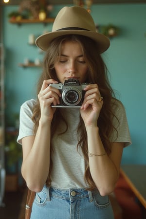 a girl with old vintage camera, hold in cafe shop, cyan color shop wall, analoguehanx83