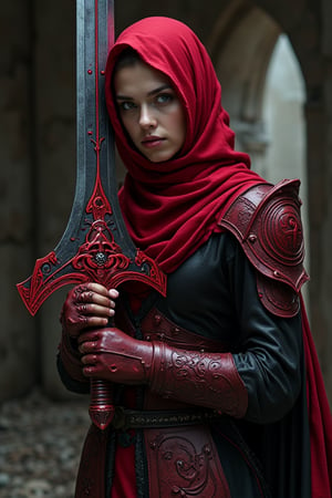 a beauty girl with red hijab,  hold a big sword, The sword features a dark metallic blade with sharp edges and red mechanical accents. Its ornate red hilt is decorated with intricate swirling patterns and geometric designs, giving it a mystical appearance., A large pointed extension on the hilt adds to its aggressive look, while the ridged handle ensures a firm grip, curvy on holder part, ultra details ulyra realistic, in the broken dark building, low key,HANSWORD23