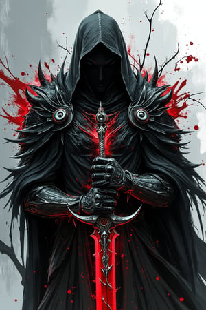 The image showcases a dark, armored figure gripping an ornate sword adorned with intricate red and silver designs. The figure’s armor is crafted with sharp, angular lines and dark hues, exuding a powerful, menacing aura. Abstract, smoky patterns with hints of red fill the background, white stroke art style,  enhancing the dark, mystical atmosphere. The art style is highly detailed with precise, bold strokes, emphasizing the figure’s imposing presence. The concept seamlessly blends fantasy and dark themes, creating a visually striking and intense image.,mparthan83,demonic sword