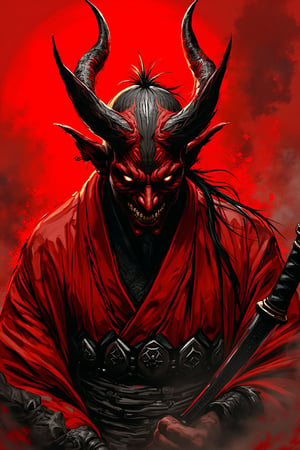 The image depicts a demonic, samurai-like figure with red horns, glowing eyes, and a fierce, twisted grin. The character is shrouded in dark smoke and wears an intricately detailed red robe while gripping a katana. The art style features sharp, dynamic strokes with intense contrast between the fiery red background and the dark, shadowy figure. The concept appears to blend traditional Japanese folklore with a menacing, modern twist, evoking themes of power and darkness. The intricate textures and bold colors enhance its sinister, otherworldly atmosphere. niji art style, ,mparthan83