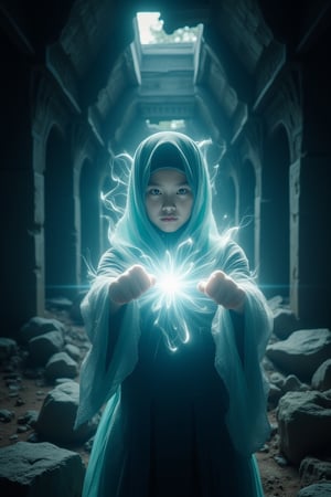 A girl in a cyan hijab, dressed in a Japanese suit, strikes a powerful fist pose inside a broken temple. dynamic pose like want to fight,  Her fist radiates a glowing white flower aura around her hands, waving lightly on her hands, gently waving with energy. The cinematic mood focuses on dramatic lighting, emphasizing the glowing aura against the temple’s dark, ruined backdrop. Lens flares and soft shadows enhance the ethereal atmosphere, with the cyan and white tones contrasting beautifully against the weathered stone surroundings.