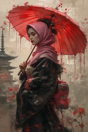 grungeartxhan83, a beauty girl geisha wear pink hijab and black dress,  temple background, hold an umbrella, oil painting style