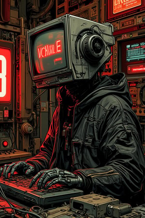 The image portrays a cyberpunk scene featuring a humanoid figure with a CRT monitor for a head, surrounded by a clutter of retro technology, wear some jacket black hoodie, cables, and screens. text "VOKAB ERA" red font and glitch effect.in screen, complex design, fully wired and gears, The character's posture is seated, typing on an old-fashioned keyboard with mechanical hands. The artwork uses a detailed, sketch-like stroke, red and brown mood color, cyberhan83nalogue, mparthan83, hanxdeadcyborg83