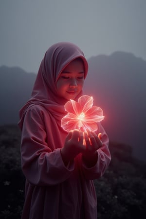 A cinematic shot of a beautiful, cute girl holding a glowing, wear pink hijab, Malay attire baju kebaya, holographic red hibiscus flower on a lonely hill. The dim lighting creates a moody atmosphere, with soft wind brushing through her hijab, hijab blowing with air, enhancing the serene solitude. the aura also  waveong her hands ang glowing softly, The red hues of the flower contrast against the muted, misty landscape of soft grays and purples. A subtle glow surrounds the flower, casting ethereal light on the girl's face, adding a dreamlike, surreal quality to the scene.,aura,hologram