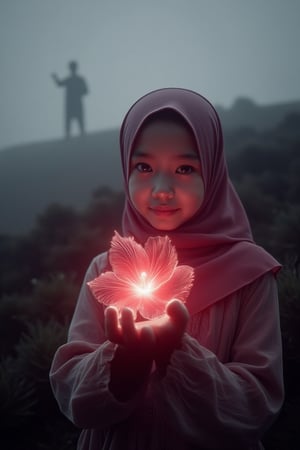 A cinematic shot of a beautiful, cute girl holding a glowing, wear pink hijab, Malay attire baju kebaya, holographic red hibiscus flower on a lonely hill. The dim lighting creates a moody atmosphere, with soft wind brushing through her hijab, hijab blowing with air, enhancing the serene solitude. the aura also  waveong her hands ang glowing softly, The red hues of the flower contrast against the muted, misty landscape of soft grays and purples. A subtle glow surrounds the flower, casting ethereal light on the girl's face, adding a dreamlike, surreal quality to the scene.,aura,hologram