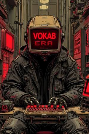 The image portrays a cyberpunk scene featuring a humanoid figure with a CRT monitor for a head, surrounded by a clutter of retro technology, wear some jacket black hoodie, cables, and screens. text "VOKAB ERA" red font and dotted effect.in screen, complex design, fully wired and gears, The character's posture is seated, typing on an old-fashioned keyboard with mechanical hands. The artwork uses a detailed, sketch-like stroke, red and brown mood color, cyberhan83nalogue, mparthan83, hanxdeadcyborg83