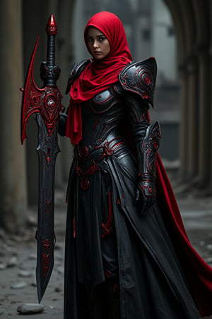 cinematic scene : a beauty girl with red hijab, wear black mecha armor dress, like an emperor armor, big shoulder, the hijab blowing with wind effect,  dynamic fighting pose , weald a big cyber unique sword, The sword features a dark metallic blade with sharp edges and red mechanical accents. Its ornate red hilt is decorated with intricate swirling patterns and geometric designs, giving it a mystical appearance., A large pointed extension on the hilt adds to its aggressive look, while the ridged handle ensures a firm grip, curvy on holder part, ultra details ulyra realistic, in the broken dark building, low key,HANSWORD23, hanemperor23