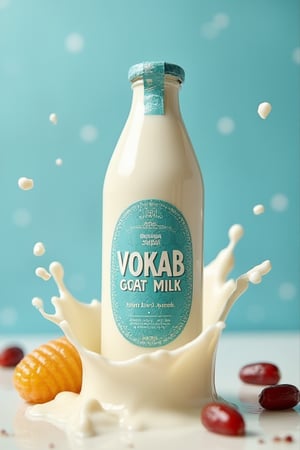 Here's an idea: imagine a sleek bottle of "VOKAB GOAT MILK" with its textured cyan with batik corak labeling and layered font, flying in the air. Splashes of milk surround it, with red dates and honeycomb adding an extra touch to the scene. Visualizing this should make for an eye-catching image.,analoguehanx83