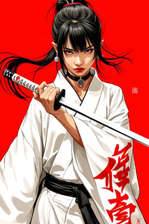 a girl with katana, dunamic pose with slashing a katana, marker pen style, white kimono, red background,titi kamal