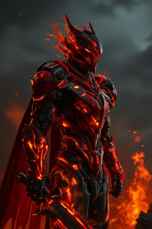 cinematic feeling mood : flame spirit, glowing bright red-orange, on fire, black cyborg with emperor armor, satanic mask, body in flaming, ultra realistic, walk with ego, big shoulder armour, holding a big sword, dark sky, clouds, scenery, in a Expansive Marine flame spirit, glowing bright red-orange, 