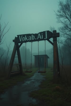 Capture a horror abandoned classical place with a broken "Vokab.Ai" signboard in an eerie moor, dimly lit in the late evening. Enhance the image with mist enveloping rusty swings, broken hut and the mud tree. The overall color mood is a chilling blend of deep grey, sickly greens and some orange brown foggy, intensifying the unsettling atmosphere., analoguehanx83