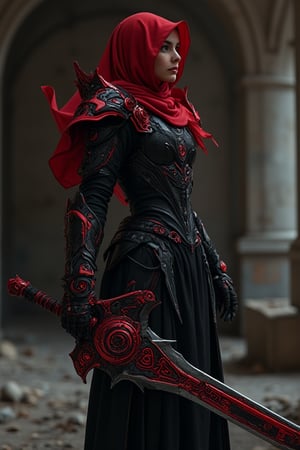 cinematic scene : a beauty girl with red hijab, wear black mecha armor dress, like an emperor armor, big shoulder, the hijab blowing with wind effect,  dynamic fighting pose , weald a big cyber unique sword, The sword features a dark metallic blade with sharp edges and red mechanical accents. Its ornate red hilt is decorated with intricate swirling patterns and geometric designs, giving it a mystical appearance., A large pointed extension on the hilt adds to its aggressive look, while the ridged handle ensures a firm grip, curvy on holder part, ultra details ulyra realistic, in the broken dark building, low key,HANSWORD23, hanemperor23