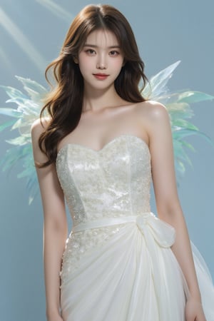  a medium-angle shot of a woman in a white strapless dress, adorned with a sweetheart neckline, stands in front of a backdrop of a pale blue sky. Her long, wavy brown hair cascades over her shoulders, framing her face. Her dress is adorned with white beads, adding a touch of sparkle to the scene. Her wings are adorned with blue and green wings, creating a stunning contrast to her white dress.