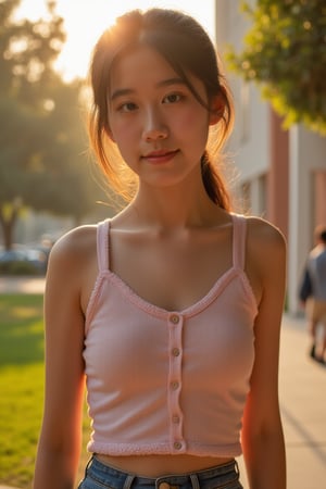 A high school student stands confidently, slouch softened by adolescent charm, subtle cleavage hinting at growth's unfolding. Morning light casts a warm glow on the campus backdrop, gentle shadows accentuating youthful features. Framed against the sun-kissed atmosphere, arms relaxed, posture exudes carefree energy as they bask in the golden light.
