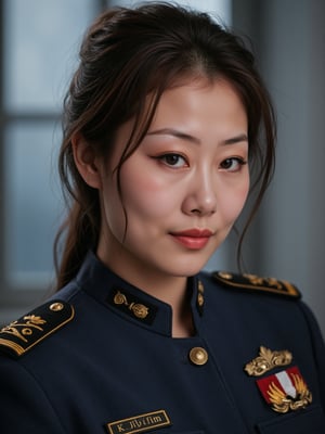 (RAW photo, 4k, realistic, exquisitely detailed skin),masterpiece,best quality,unity 8k wallpaper,ultra detailed,cinematic look,natural skin texture,extremely realistic skin texture,finely detailed face,(film grain:1.2),cinematic angle,Fujifilm XT3,,(highlydetailed),(bright scene), an Asian woman wearing a female low-cut officer uniform