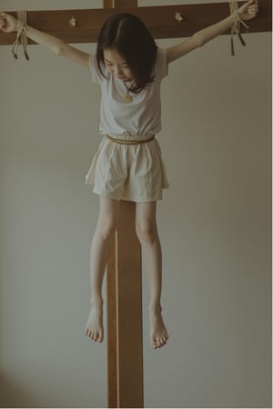  "full body include feet shot" .masterpiece,HDR,everything in focus. A china little girl with a very skinny body, Beautiful milky white skin, 10 years old,wearing a white short t-shirt and a cream-colored cotton skirt. A pitiful face and crying and very sadness. Her wrists were tied with brown rope in a crucifixion pose and she was hanging on a cross. her hanging from ceiling of the room as she floats mid-air. Her tip of the foot cannot reaching the ground.  She looking at the foot with A pitiful face. Soft light is sent in from the front at an angle.,