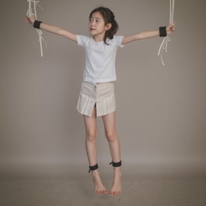  "full body include feet shot" .masterpiece,HDR,everything in focus. A china little girl with a very skinny body, Beautiful milky white skin, 10 years old, A pitiful face and crying and very sadness. both wrists are tied like crucifixion, rope and suspension by wrists from the ceiling of the room as she floats mid-air. Her tip of the foot cannot reaching the ground. both arms and elbows are stretched out straight up above her head. All parts of the body are straight and stretched. She looking at the foot with A pitiful face. Soft light is sent in from the front at an angle.,Thai high school uniform,white short sleeve shirt,black pleated skirt