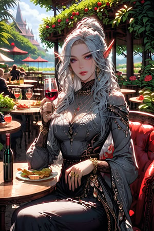 score_9,score_8_up,score_7_up, masterpiece, Elf woman(Elf Queen), long hair,(silver), seated,table,(full of food, bottle, wine), garden, under tree, wearing, elegant dress, long sleeve, long skirt, black_and_red, gold embroidery, gloves, jewelry, large crown, necklace, earrings, rings, holding glass, wine glass,(one hand)., pointed ears, long eyebrows(silver)