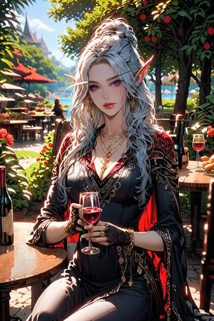 score_9,score_8_up,score_7_up, masterpiece, Elf woman(Elf Queen), long hair,(silver), seated,table,(full of food, bottle, wine), garden, under tree, wearing, elegant dress, long sleeve, long skirt, black and red, gold embroidery, gloves, jewelry, large crown, necklace, earrings, rings, holding glass, wine glass,(one hand)., pointed ears, long eyebrows