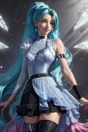 masterpiece, best quality:1.4), (ultra-detailed, 16k, ultra highres, uhd),seraphine, long hair, dress,seraphine1, 1girl,k/da \(league of legends\),very long hair, blue hair, multicolored hair, ponytail,jewelry, blue eyes, earrings, black choker, two-tone hair,black thighhighs, bracelet, black skirt,