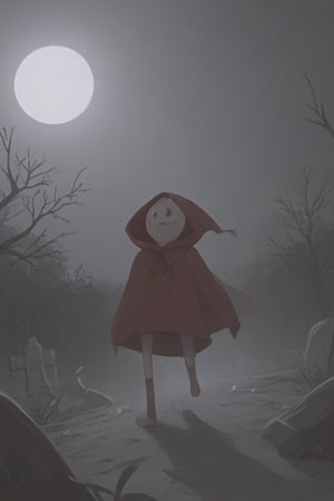 1girl, solo, cloak, A misty graveyard under the full moon, with twisted, dead trees and spectral apparitions floating above old, weathered tombstones. Mysterious and chilling ambiance.,adventure time,dot eyes